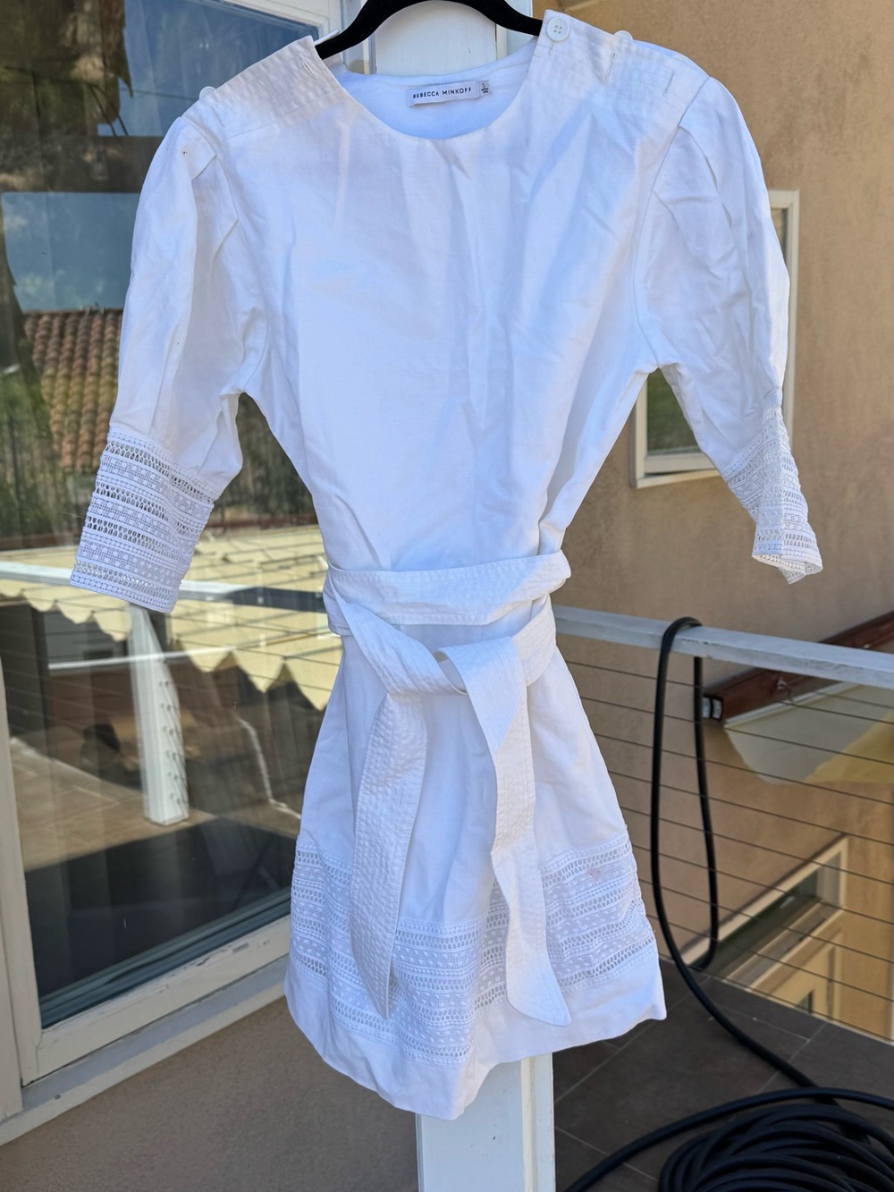 Rebecca Minkoff White Cotton Belted Eyelet-Sleeve Dress